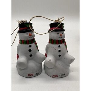2x VTG Snowman Ceramic Christmas Ornament 1998 CVS Traditions Porcelain